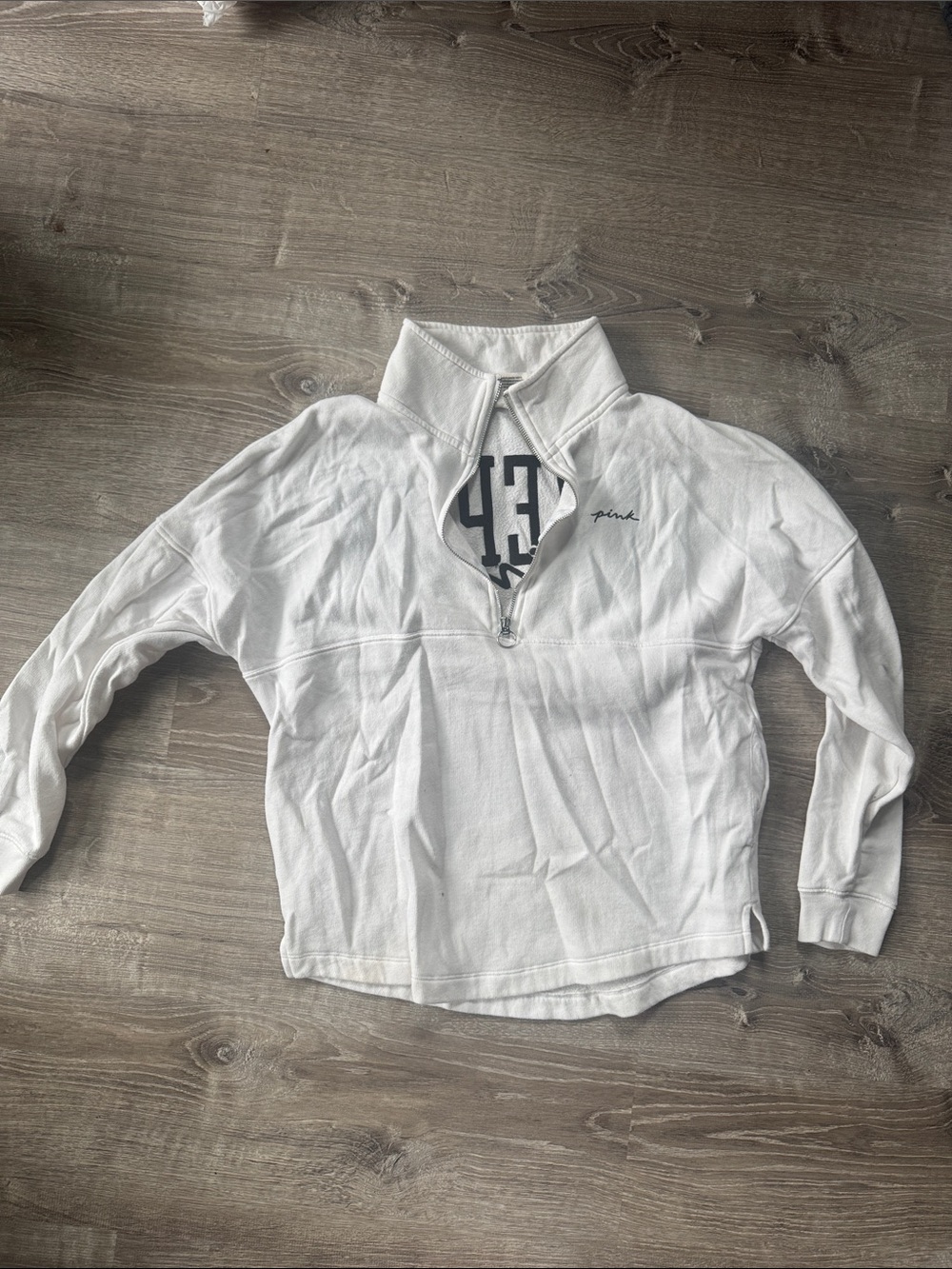 PINK Victoria's Secret White Half-Zip Pullover with Subtle Script Logo